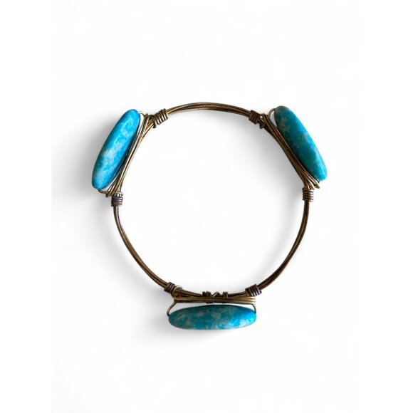 Turquoise Stone Wire-Wrapped Bracelet With Oval Beads & Adjustable Fit - Picture 2 of 4